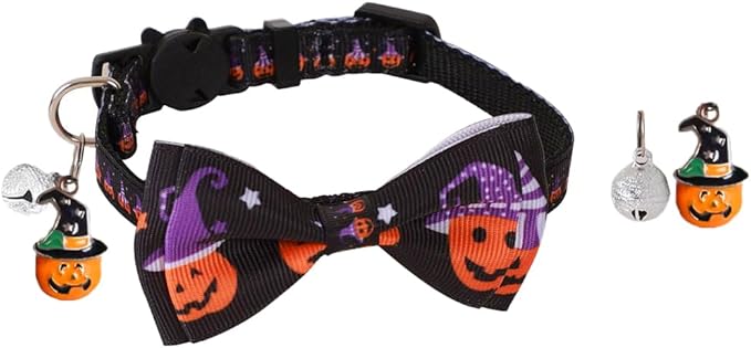 2 Pack Halloween Breakaway Cat Collars, Unisex for Girl & Boy Cats, with Bow Tie & Bell, Safety Buckle Kitten Collars, Adjustable from 7.5 to 12.5 Inches(Orange & Black)