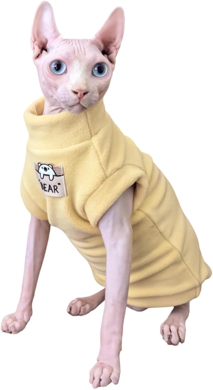 Sphynx Cat Clothes Hairless Cat Warm Fleece Vest Elastic Winter Sweater Outfit, Pet Clothes for Sphynx Cat Coat for Cats and Small Dogs Apparel, Hairless cat Shirts Sweaters (Yolk, Small)
