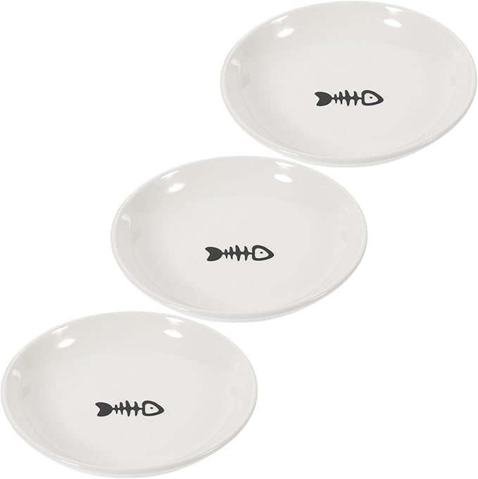Ceramic Cat Bowls 3pcs Set with Wide Shallow Round Dish and Non-Slip Black Silicone Base for Healthy Kitten Feeding and Watering at Home