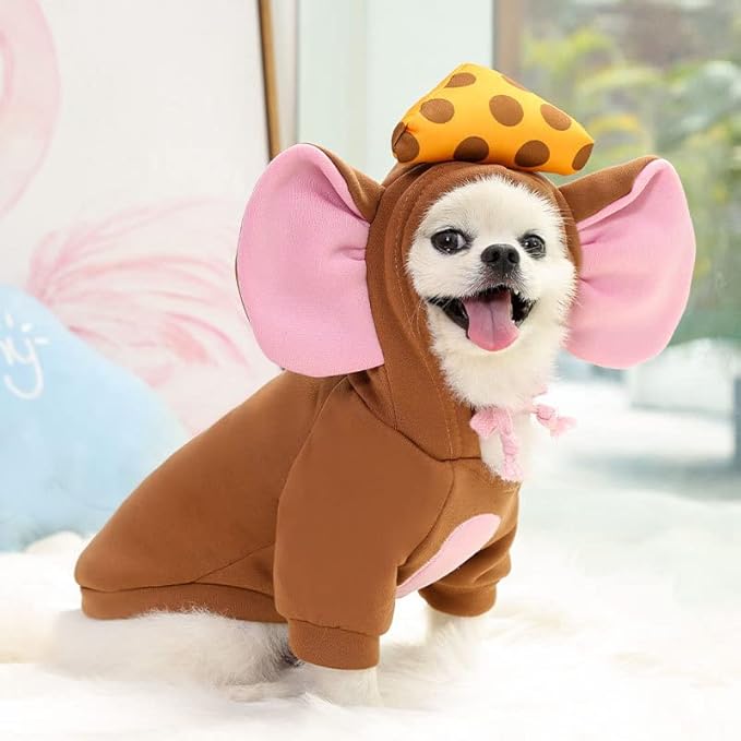 Pet Clothing Dog Transformation Frog Hoodie Autumn and Winter Warm Small Large Dog Method Dou Cat Bullfighting Clothes (Brown Mouse,2XL)