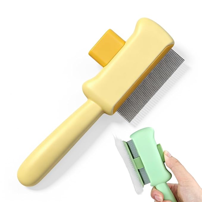 Cat Self Cleaning Pet Hair Removal Comb, Cat Grooming Brush With Long Short Stainless Steel Metal Teeth, Pet Grooming Brush For Home, Portable Cat And Dog Grooming Comb For Travel (Yellow)