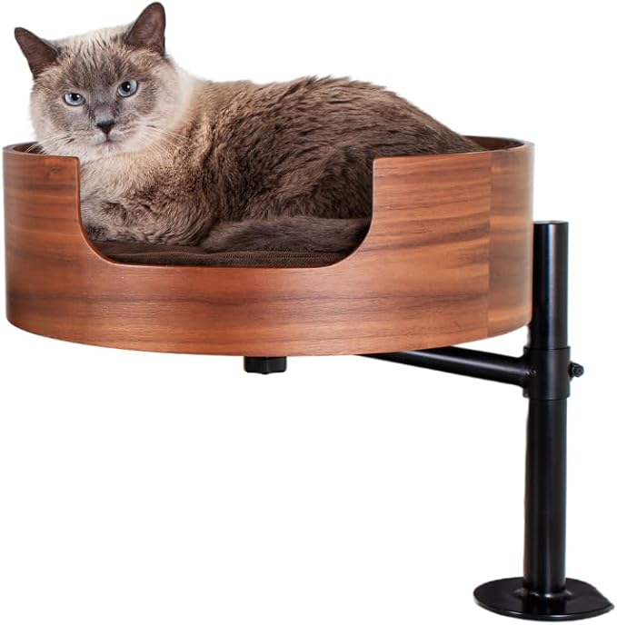 Desk Nest® Cat Bed– Space-Saving, Elevated Bed for Cats – Keeps Desks Clear, 360° Adjustable, Supports 25 lbs – Secure, Stylish and Durable – Perfect for Home Office – Walnut Wood Finish