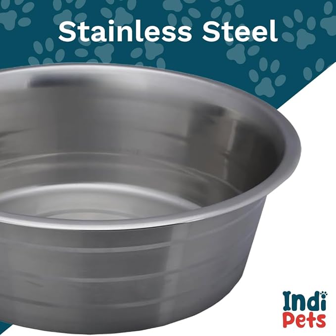 INDIPETS Standard Feeding Dishes with Laser Etched Silver Stripe: Pet Water and Food Bowl | 5 Quart, Stainless Steel (PN: 800228)