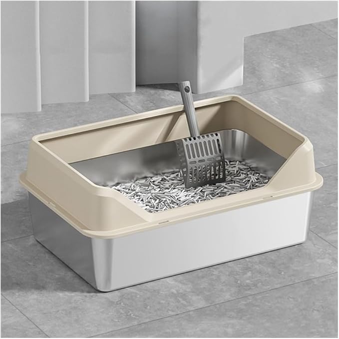 Pet Supplies, Stainless Steel Cat Litter Box for Kittens & Rabbits, Easy Clean Metal Pan(Khaki)