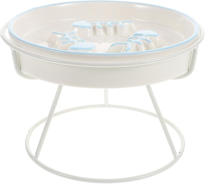 Elevated Ceramic Slow Feeder Cat Bowl and Dog Water Dish with High Base Stand, Anti-Choke Slow Food Plate for Indoor Cats and Small Pets, Blue Fish Design with White Elevated Rack