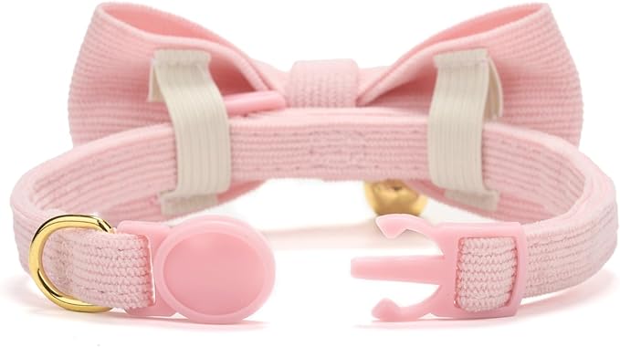 Soft Corduroy Cat Collar with Bell and Bowtie, Safety Breakaway Clasp, Adjustable for Kitten and Cats Pink Color.