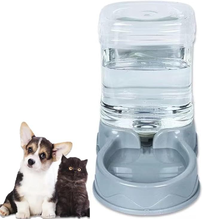 Pet Feeding Bowl and Water Dispenser with Refillable Storage Container Self-Dispensing 1 Gallon Large Capacity Cat Feeder, 3.8 Liters Capacity Dog Rabbit Waterer (Grey, for Water)