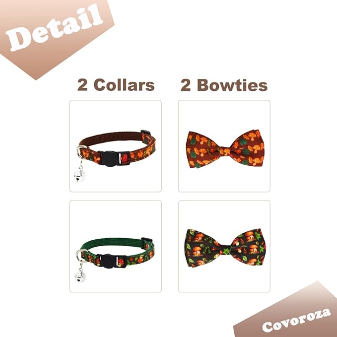2 Pack Breakaway Cat Collar with Removable Bowtie and Bell Forest Style Safe Adjustable Mushroom Pattern Kitten Collars Green and Brown
