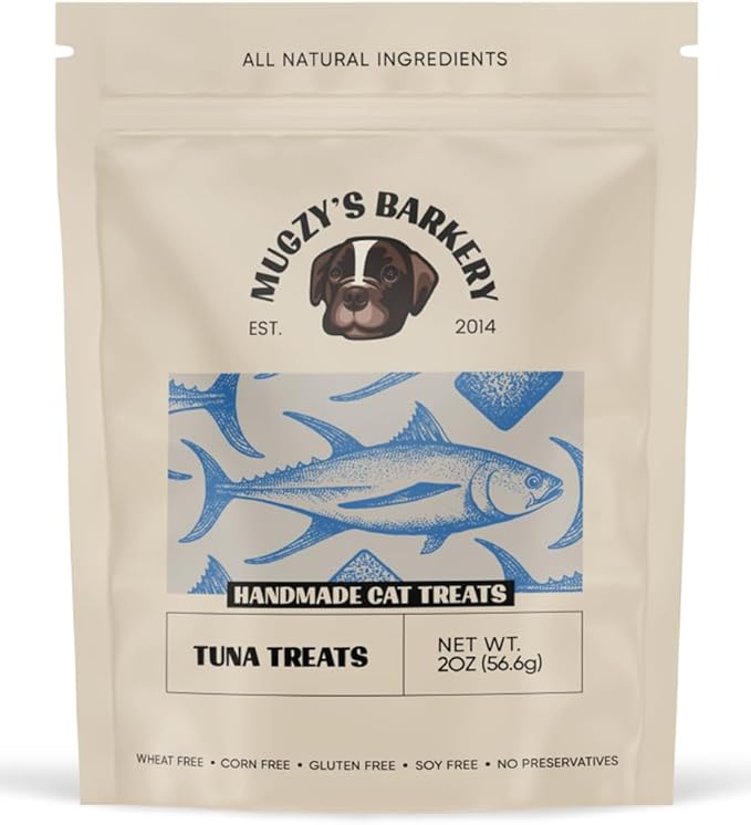 Mugzy's Barkery Ahi Tuna Cat Treat, Single Ingredient, Hand Cut, Small Batch Dehydrated, 81% Protein, Wheat Free, Corn Free, Gluten Free, Soy Free, No Additives, No Junk, 100% Ahi Tuna, 2oz