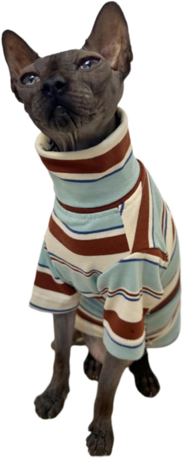 Vintage Stripes Sphynx Hairless Cats Shirt Cotton Cat Turtleneck Pet Clothes Kitten T-Shirts with Sleeves for Sphynx Cornish Rex, Devon Rex, Peterbald (Mint Brown, Small (Pack of 1))