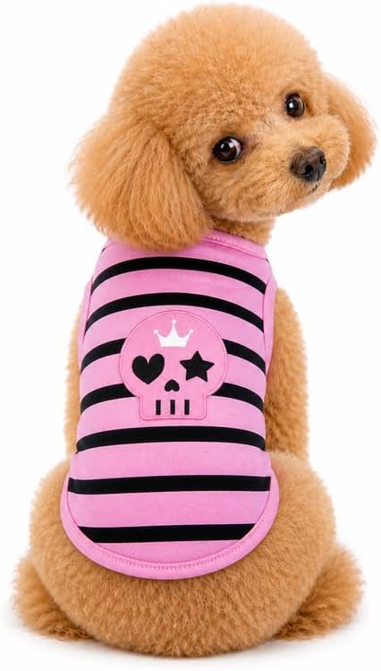 Petitebella Black Skull Face Puppy Dog Shirt (Pink/Black Stripes, X-Large)