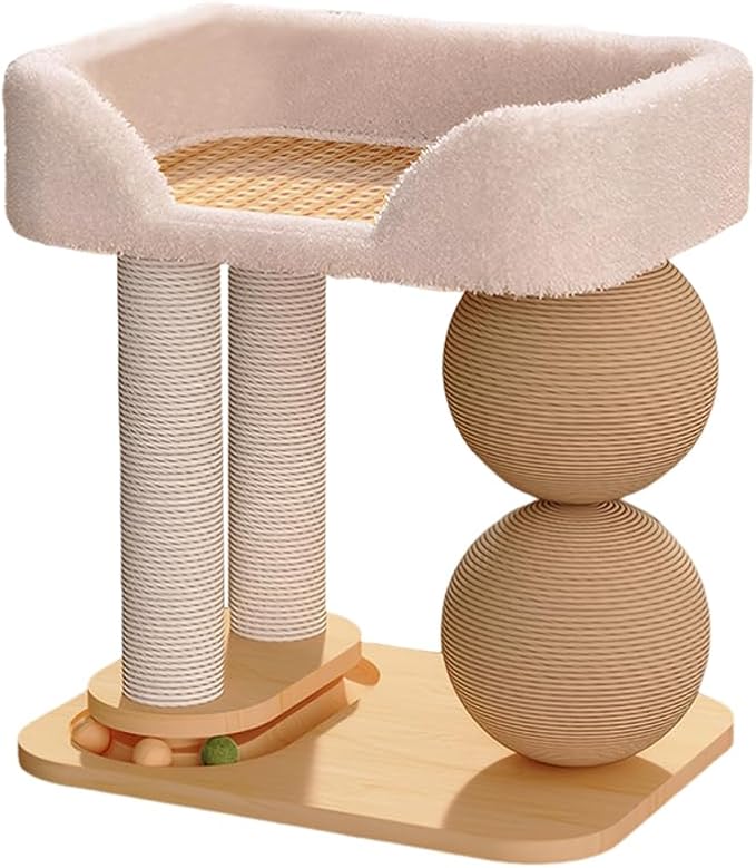 Modern Solid Wood Pet Cat Climbing Tree Tower with Sisal Ball Cooling Mat Cat Scratching Posts Wear Resist Integrated Sisal Bed Pet Climbing Frame Indoor for Summer (16.38X15.21X11.31 inch)