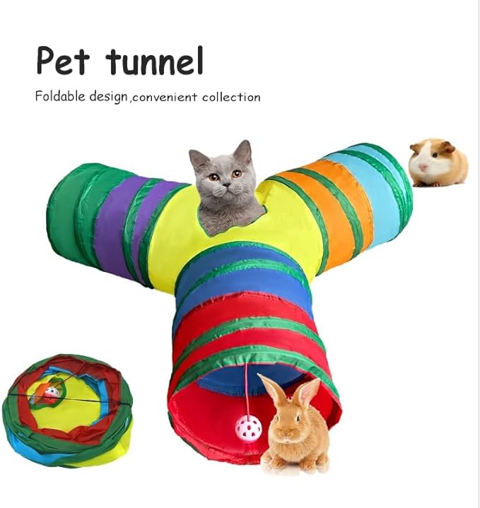 Cat Tunnel Tube Toy Collapsible 3 Way Rainbow, Pet Tunnels for Indoor Cats, Play Tubes with Hanging Ball Perfect for Kittens, Puppies, Rabbits, Interactive Toys for Fun Playtime & Exercise