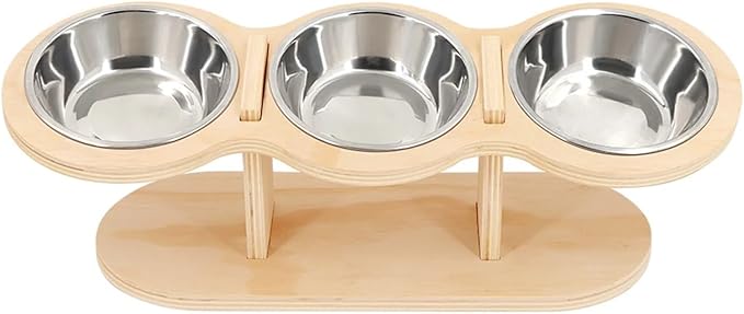 Raised Cat Feeder 3 Bowls in 1 Feeding Watering Supplies 15° Puppy Stainless Steel Wood Stand Cats Accessories