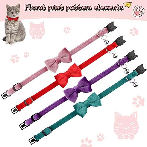 4 Pieces Cat Bow Tie Collar with Bell Breakaway Cat Comfortable Velvet with Cute Safety Pet Collar for Pet Kitten Puppy(Small,Pink, Red, Light Purple, Light Blue)