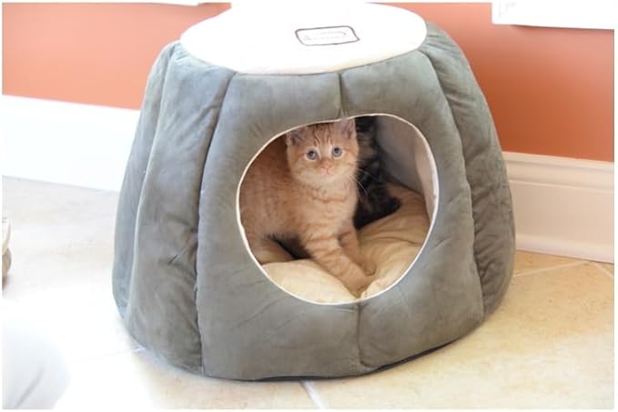HomeStock Cat Bed Velvet & Faux Suede -Skid-Free Pet Bed - Removable Cushion - Laurel Green & Beige