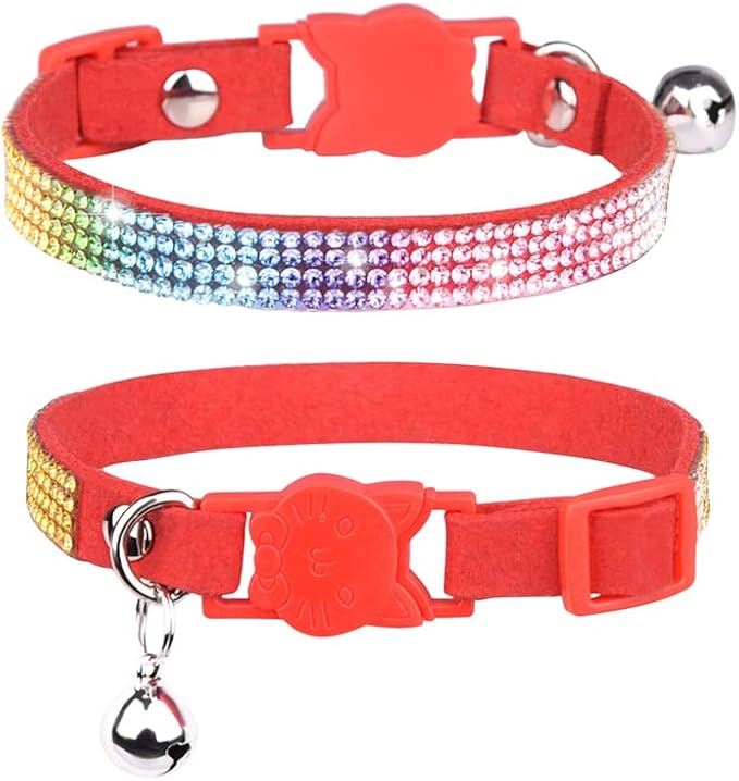 CHUKCHI Cat Collar Breakaway Bling Diamond Rhinestone with Bell Adjustable for Cats and Kitten Girl boy (Red)