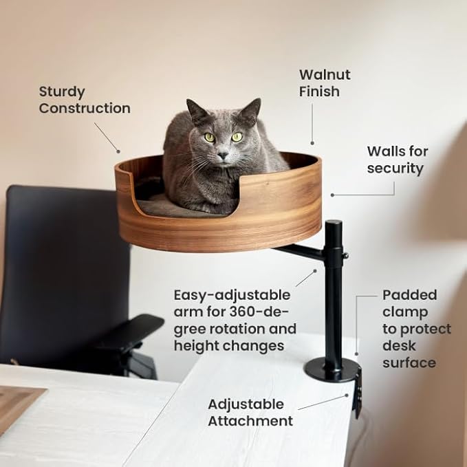 Desk Nest® Cat Bed– Space-Saving, Elevated Bed for Cats – Keeps Desks Clear, 360° Adjustable, Supports 25 lbs – Secure, Stylish and Durable – Perfect for Home Office – Walnut Wood Finish