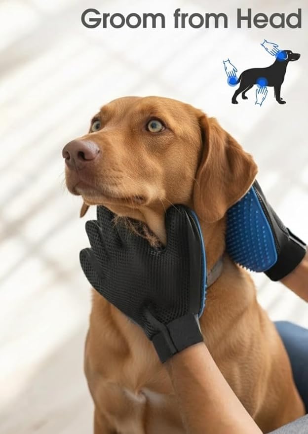 Pet Grooming Gloves, Deshedding Hair Removal Brush Mitt for Dogs and Cats, Black and Blue, Pair (Blue)