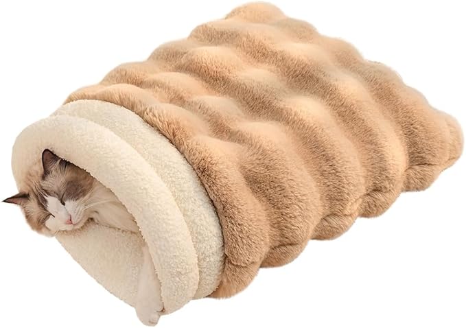 SOMAHE Cat Sleeping Bag for Indoor Cats, Faux Fur Pet Cave Bed & Burrow Nest, Reversible Plush Snuggle Sack, Portable Foldable Mat, Machine Washable, Anti-Static, 21.7"x17.7" Coffee