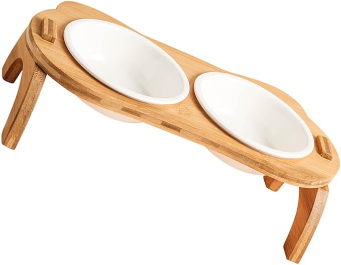 Elevated Cat Feeding Bowl Set with High Base Ceramic Bowls on Wooden Stand, Neck Protection Design Pet Feeder for Indoor Cats and Small Dogs