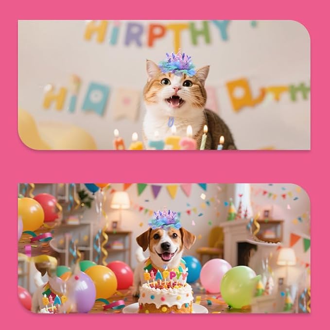 Glitter Pet Birthday Hat for Dog Cat with Sparkly Lace, Adjustable Pet Hat for Dog Cat for Birthday Party Decorations for Pet Dogs Cats Bday Hat with Lace Hair Accessories for Pet Dog Cat Puppy Hat