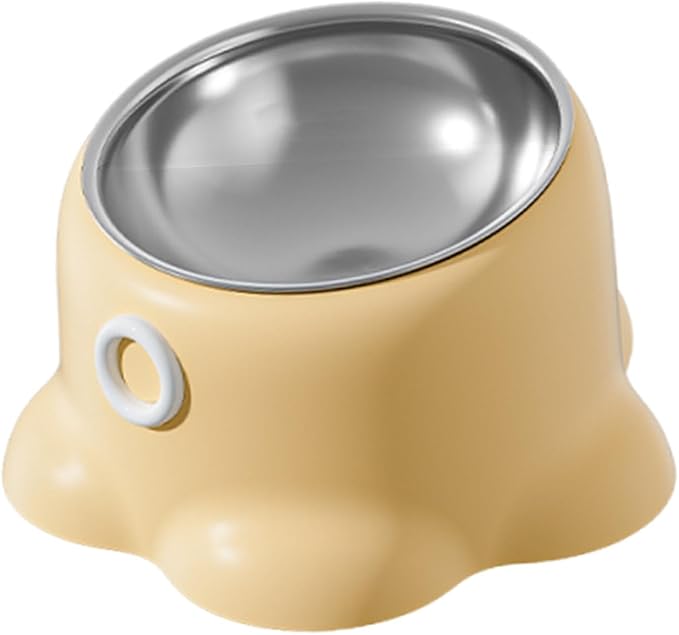 Gralara Tilted Cat Feeder Bowl, Feeding Dish Home Indoor Watering Versatile Food Dispenser, Removable Stainless Steel Bowl for Puppy, Yellow