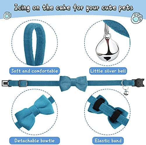 4 Pieces Cat Bow Tie Collar with Bell Breakaway Cat Comfortable Velvet with Cute Safety Pet Collar for Pet Kitten Puppy(Small,Black, Gray, Dark Green, Blue)