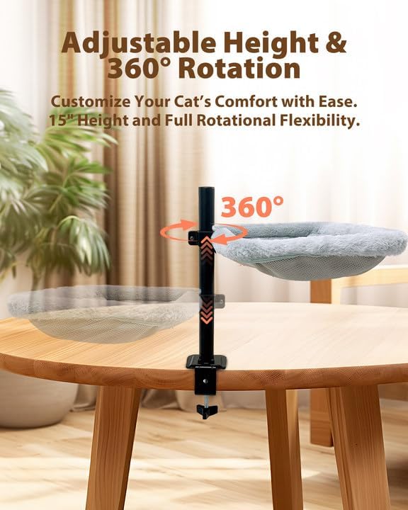 L&W BROS. Cat Desk Bed – Supports Up to 45lb, Clamp-On Hammock with 360° Rotating Arm, Adjustable Height Perch, Heavy Duty Metal Frame, Dual-Sided Washable Cover