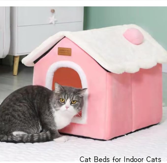 Cat Bed Cave, Cute Christmas Cat Beds for Indoor Cats, Xmas Pet House Cats Tent with Removable Cushion Pillow for Kittens Puppy Small Dogs (Pink-L(20.4 * 16.9 * 19.6in))