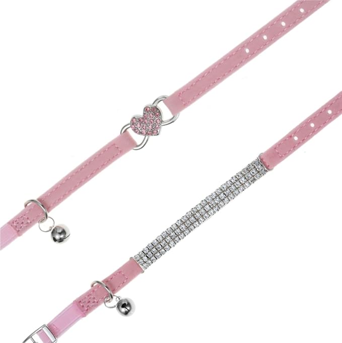 Pink Cat Collar with Bells 2 Pack, Rhinestone Kitten Collar Girl, Bling Heart Small Dog Collar