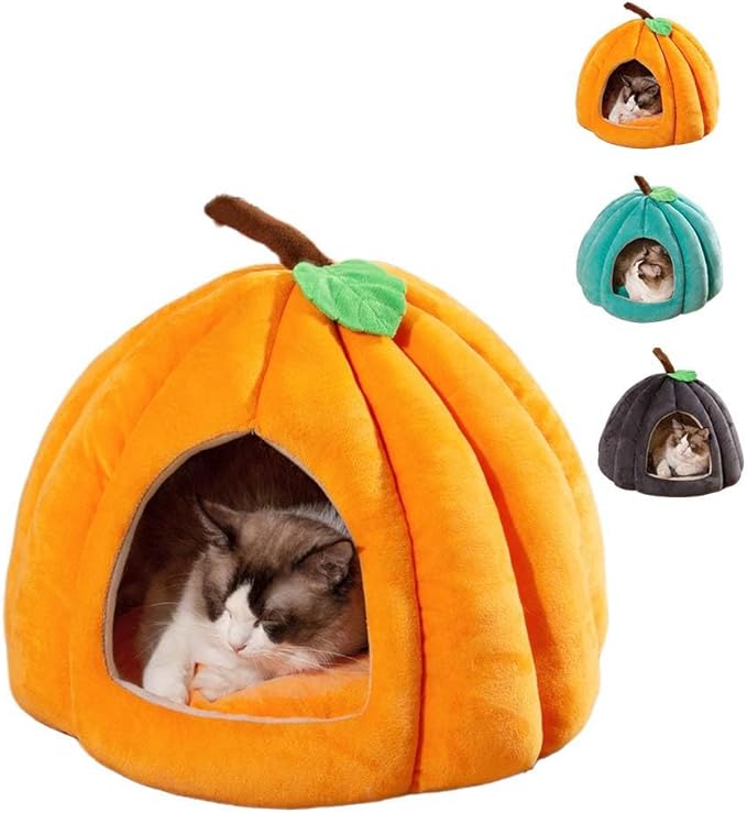 Cute Pumpkin Cat Bed for Indoor Cats，Pumpkin Shape Cat House with Removable Washable Cushioned Pillow，Cat Cave Bed Cat Tent for Puppy and Kitten (B-Orange,15 in)