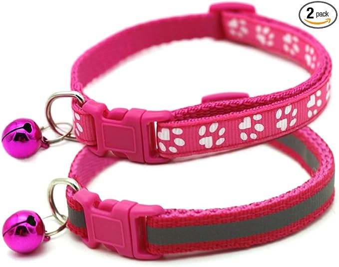 Hot Pink Dog Collar with Bell, 2-Pack Basic & Reflective Girl Puppy Collar with Bells for XXS Xs Small Pet Female Dogs Tiny Cats, S