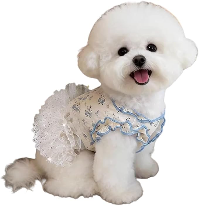 Summer Pet Dress for Small Dogs Cats, Ice Silk Cotton Floral Print Tutu Skirt with Built-in D-Ring, Breathable Sleeveless Puppy Kitten Outfit for Daily Walk and Photo (Blue-Tutu, X-Large)