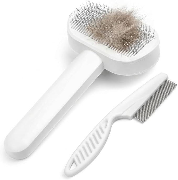 Prime Pets Cat Brush for Shedding, Self-Cleaning Slicker Brush for Long and Short Haired Indoor Cats, Fine Comb Protective Case Included
