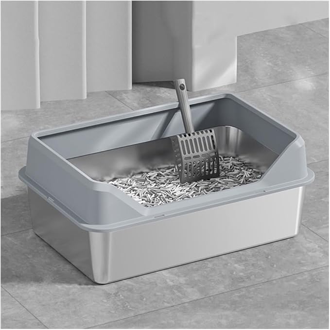 Pet Supplies, Stainless Steel Cat Litter Box for Kittens & Rabbits, Easy Clean Metal Pan(Light Grey)