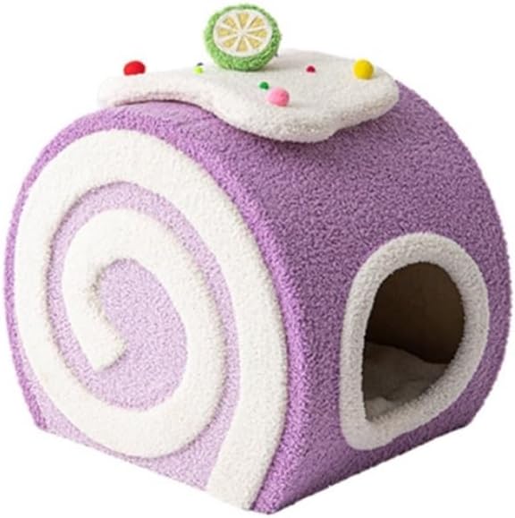 Creative Cat Cave Bed, Lovely Cake Roll Cats House for Indoor Cats, Small Pet Bed, Cute Cat Furniture for All Seasons, No Assembly Needed(Purple)