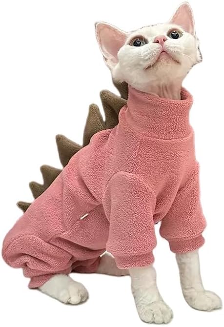 Sphynx cat Clothes, Dinosaur Costume, Hairless Cats Warm Clothes for Cornish Rex and Devon Rex (Red, M(3.5-5.5lbs))