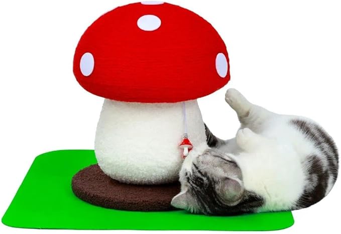 No Assembly Required Mushroom Cat Scratcher, Cute Cat Scratching Post with Natural Sisal Rope, Stable Base & Hanging Toy, Small Space Kitten Tree for Indoor Cats, Claw Care Scratch Pole
