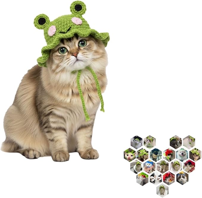 Cat Party Hat with Ear Holes and Adjustable Tie, Soft Polyester, Washable, Green Frog Party Hat for Cats 4-16 lbs, Holiday & Photo Outfit