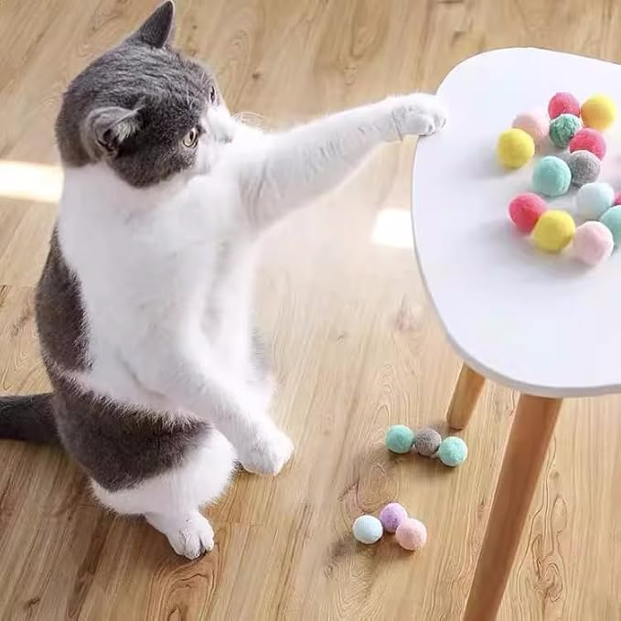 50pcs Cat Toy Ball Fun Colorful Plush Self Play Toys Pom Balls for Launcher Shooting Interactive for Indoor Cats Enrichment Kittens Puff Ball Playing (only 50 Pieces Balls)