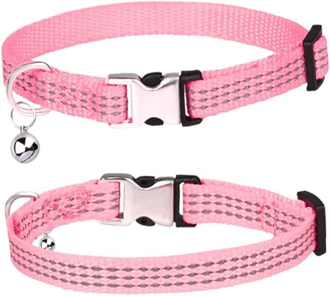 THAIN Cat Collar Personalized Reflective with Bell-Custom Cat Collar Engraved nameplate with Name and Phone,Adjustable for Cats and Kitten (Pink)