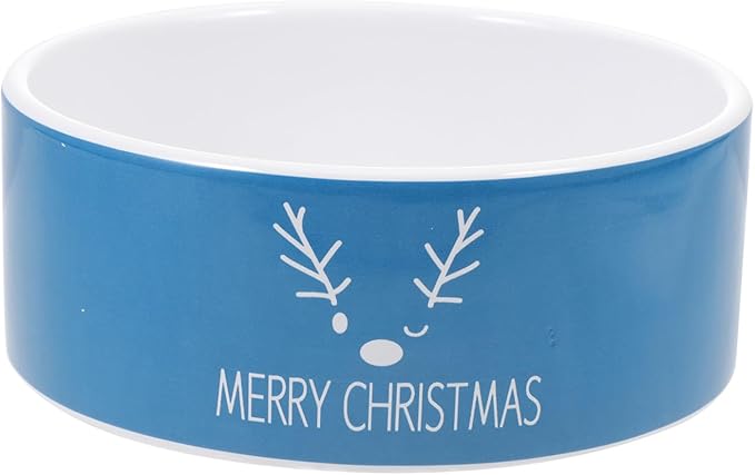 VILLCASE Christmas Ceramic Cat Bowl and Dog Feeding Dish with Snowman and Reindeer Pattern, Blue Porcelain Pet Food Bowl for Floor Feeding and Watering, Holiday Pet Supplies