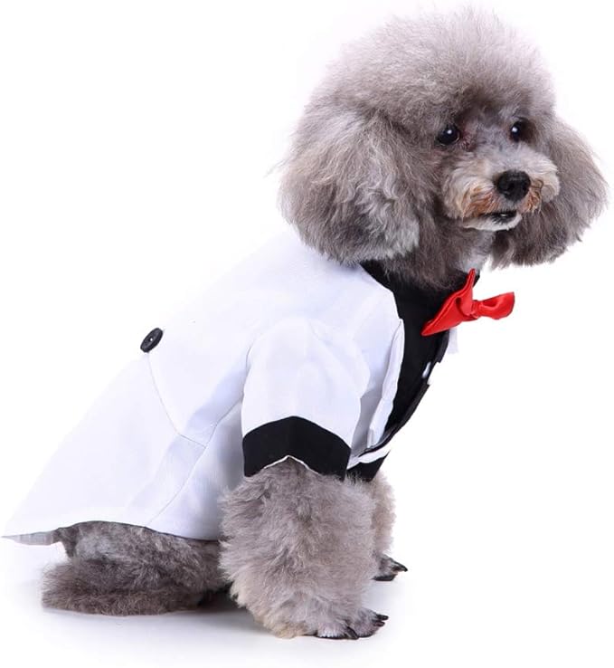 GabeFish Pets Wedding Jackets Suit for Dogs with Bow Tie Puppy Cat Formal Clothes Shirt Tuxedo (White, S (Chest 12.9in/33cm)