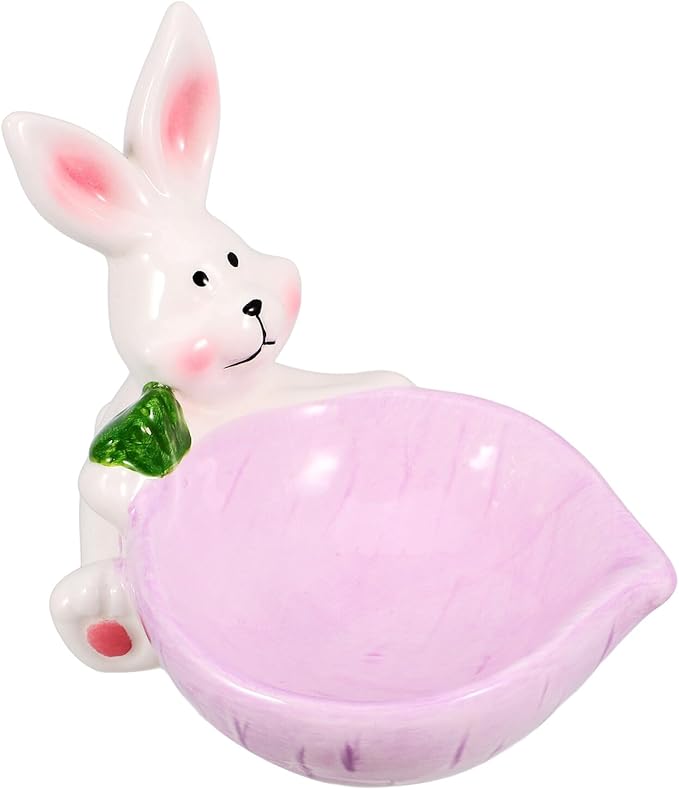 Ceramic Cat Bowl and Dog Feeding Dish, Purple Non-tip Wear-Resistant Pet Floor Bowl, Cute Bunny Design for Indoor Feeding and Watering Supplies