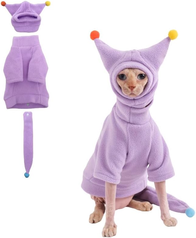 Sphynx Cat Clothes, Warm Cat Jumpsuit with Hat and Tail Cover, Full Set for Hairless Cats, Cornish Rex and Devon Rex (Purple, XS(1-2lbs))