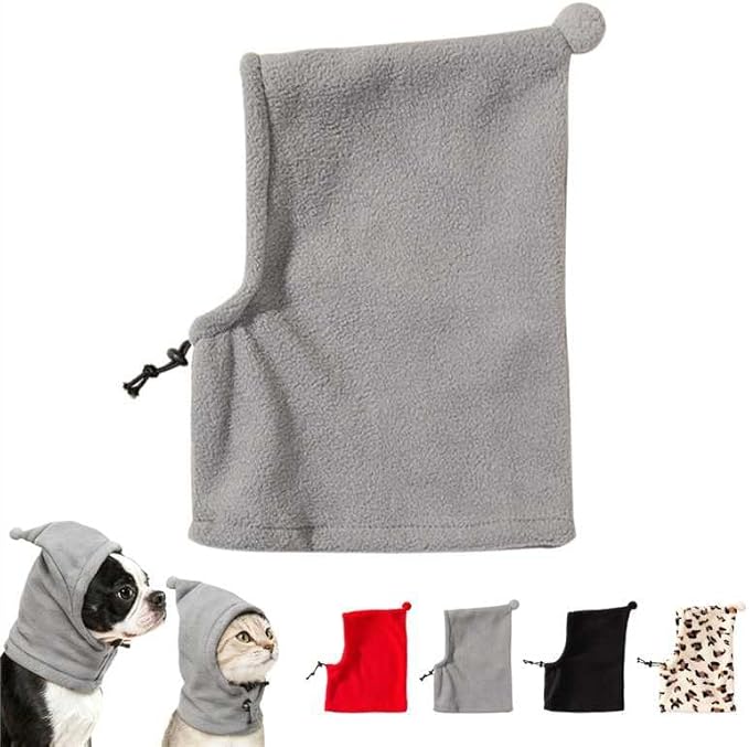 Pet Neck Warmer with Hat, Leopard Print, Adjustable Drawstring, Soft Polyester, for Dogs and Cats (Grey, Large)