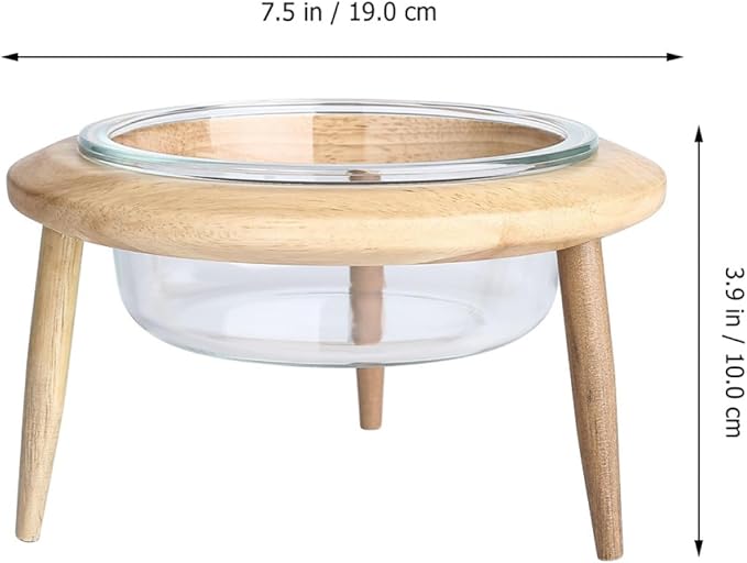 Alasum Glass Pet Feeding Bowl with Elevated Wooden Rack, 14.7cm 480ml Raised Pet Feeder for Cats and Small Dogs, Sturdy Glass Dish for Slow Feeding and Watering