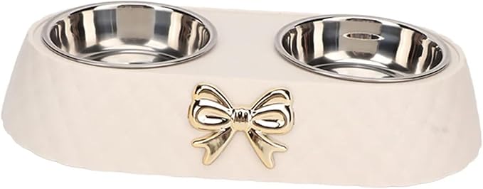 Pet Bowls with Holder Stainless Steel Food Water with Bowknot Decor for Dog Cat(Beige)