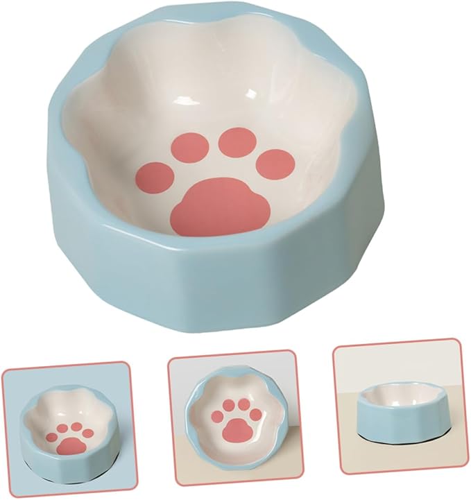 Kichvoe Ceramic Pet Feeder Bowl with Tilted Design, Blue Small Cat and Dog Food Dish, Cute Animal Paw Print Bowl for Indoor Feeding and Watering